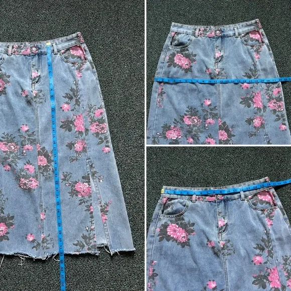 Vintage Cotton Denim Pink Wild Rose Floral Midi Maxi Side Slit High-Waist Skirt - Picture 15 of 16